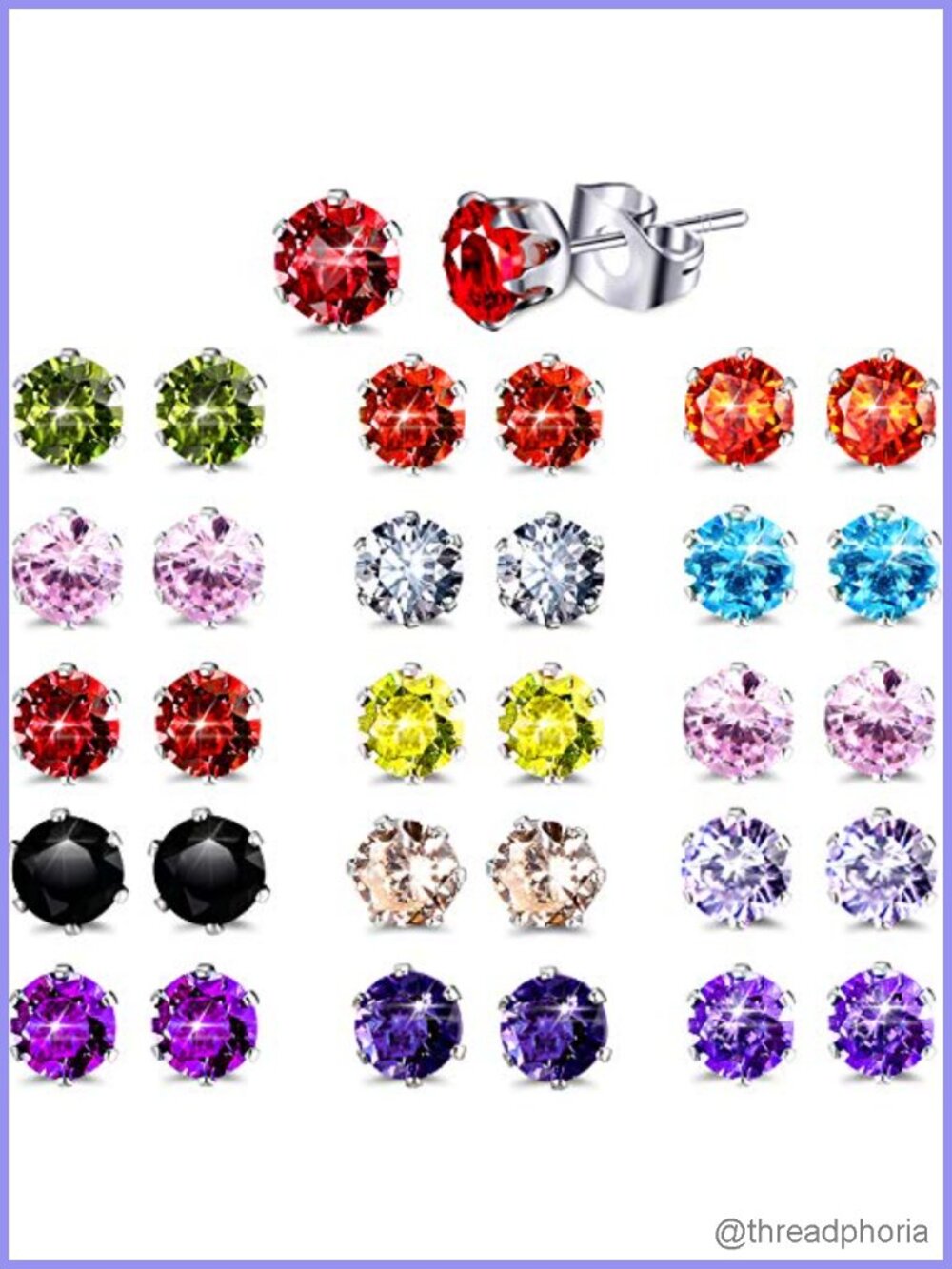 Stainless Steel CZ Birthstone Stud Earrings Set - 15 Pairs Hypoallergenic
